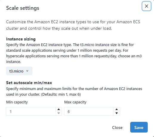 TinyStacks - configure ECS scale settings